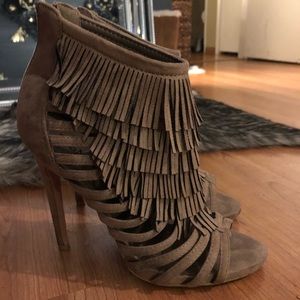 Taupe fringe heels